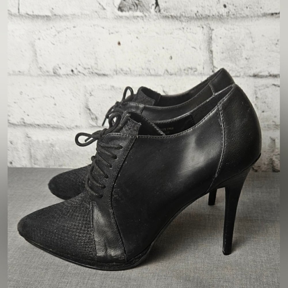 Le Chateau Black Lace Up Heeled Booties Leather Stiletto Ankle Boots 6